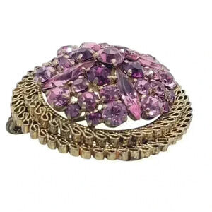 Vintage Brooch Pink Rhinestone Layered Gold Filigree Swirled Ribbon Austria